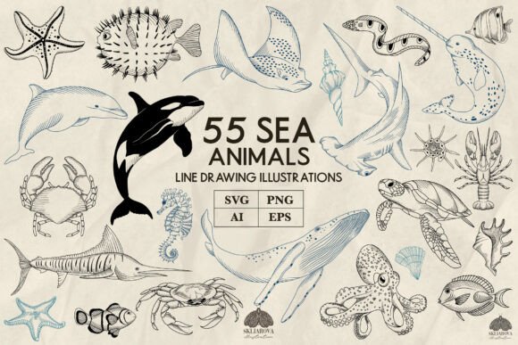 Download Sea Animals Line Art Collection Svg Png - Sea animals Collection