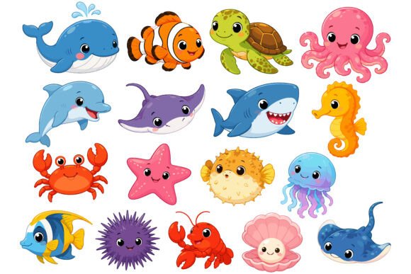 Download Cute Kawaii Sea Animals Clipart Set - Sea animals Collection