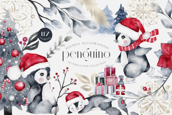 Download Penguino Festive Watercolor Art PNG - Festive Collection