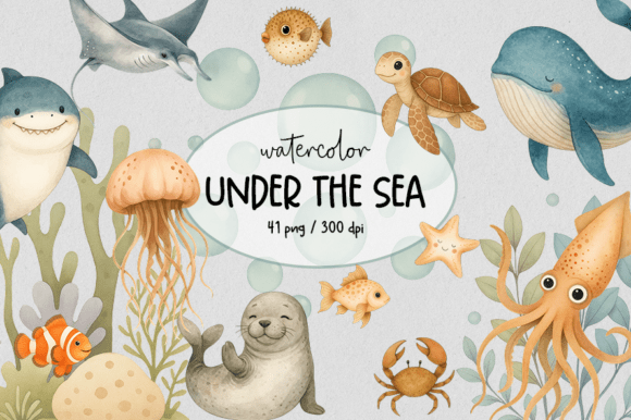Download Cute Sea Animals Watercolor Clipart - Sea animals Collection
